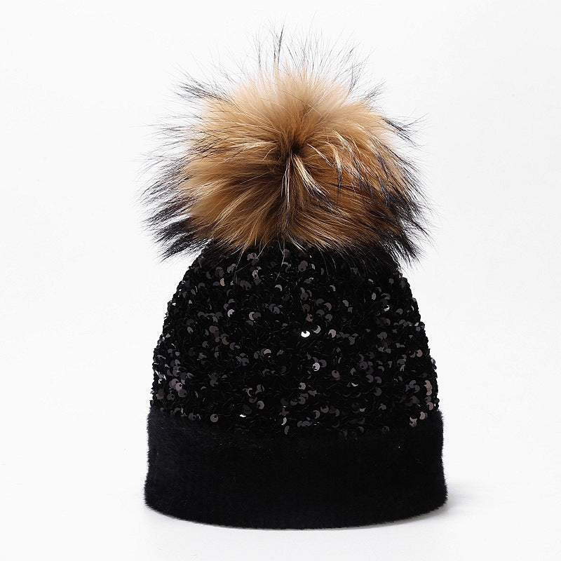 Wholesale Dyed Raccoon Fur Ball Sequin Warm Knitted Hat